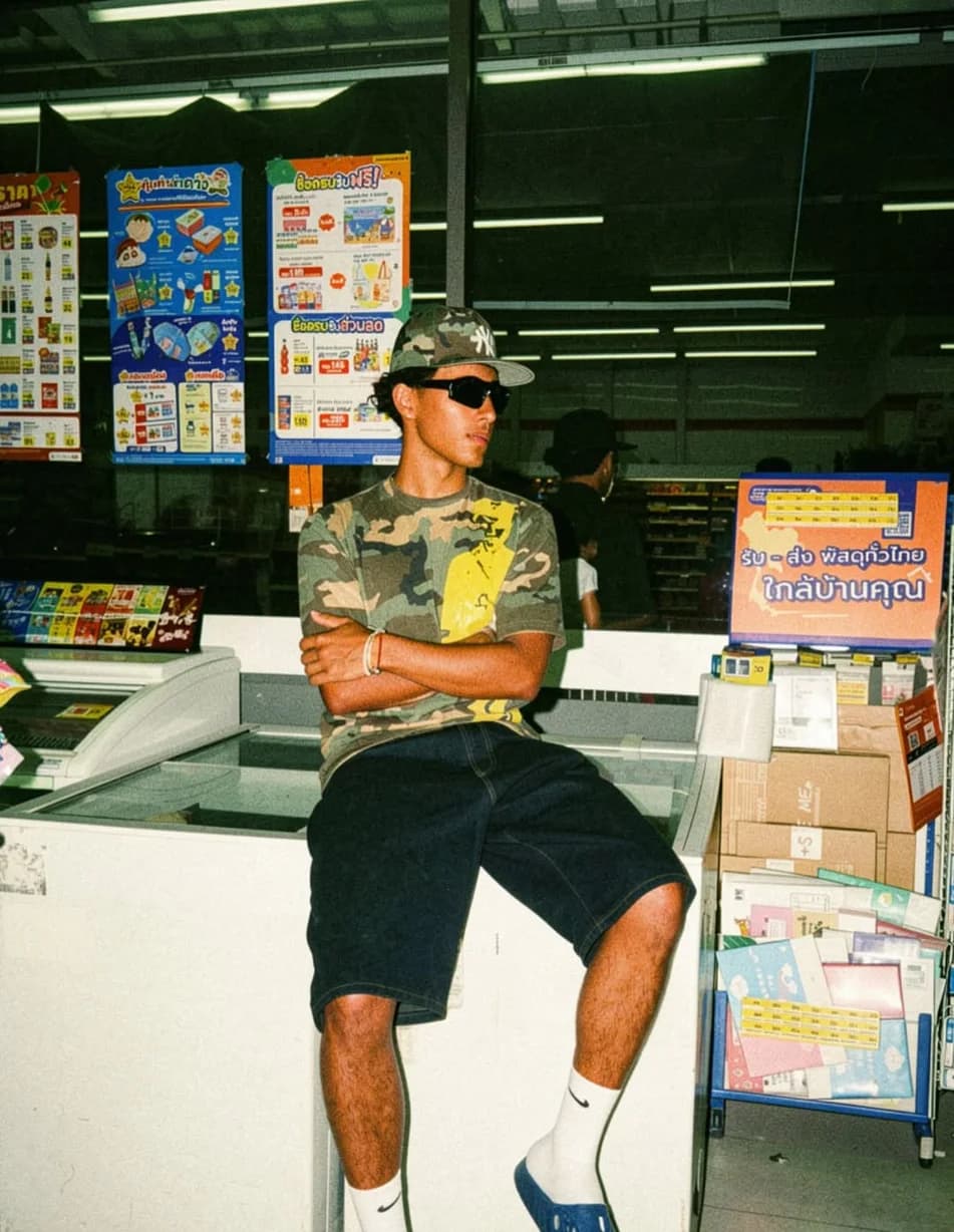 Guy in the camouflage t-shirt and camo cap in a convenience store